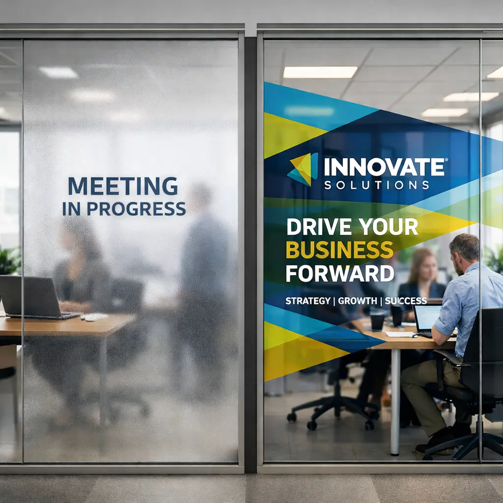 Office glass panels comparing frosted 'Meeting In Progress' film with a bold Innovate Solutions branded printed graphic