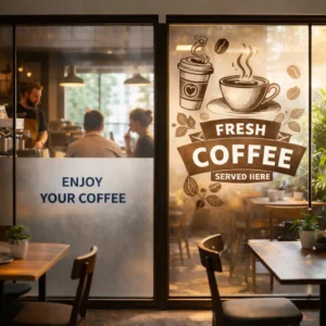 Cafe windows comparing frosted film with 'Enjoy Your Coffee' text versus a printed 'Fresh Coffee Served Here' graphic