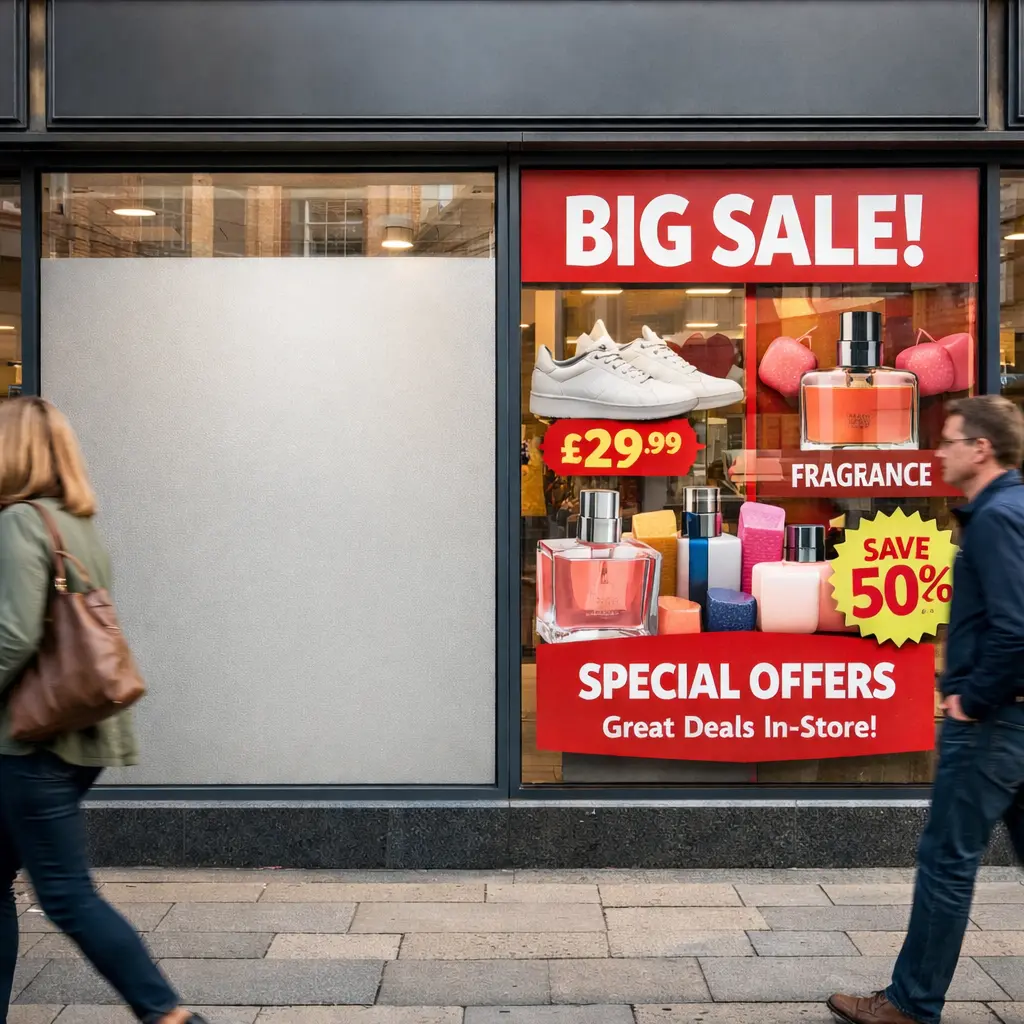 Shop front showing frosted window film beside a printed graphic display advertising a big sale with 50% off special offers