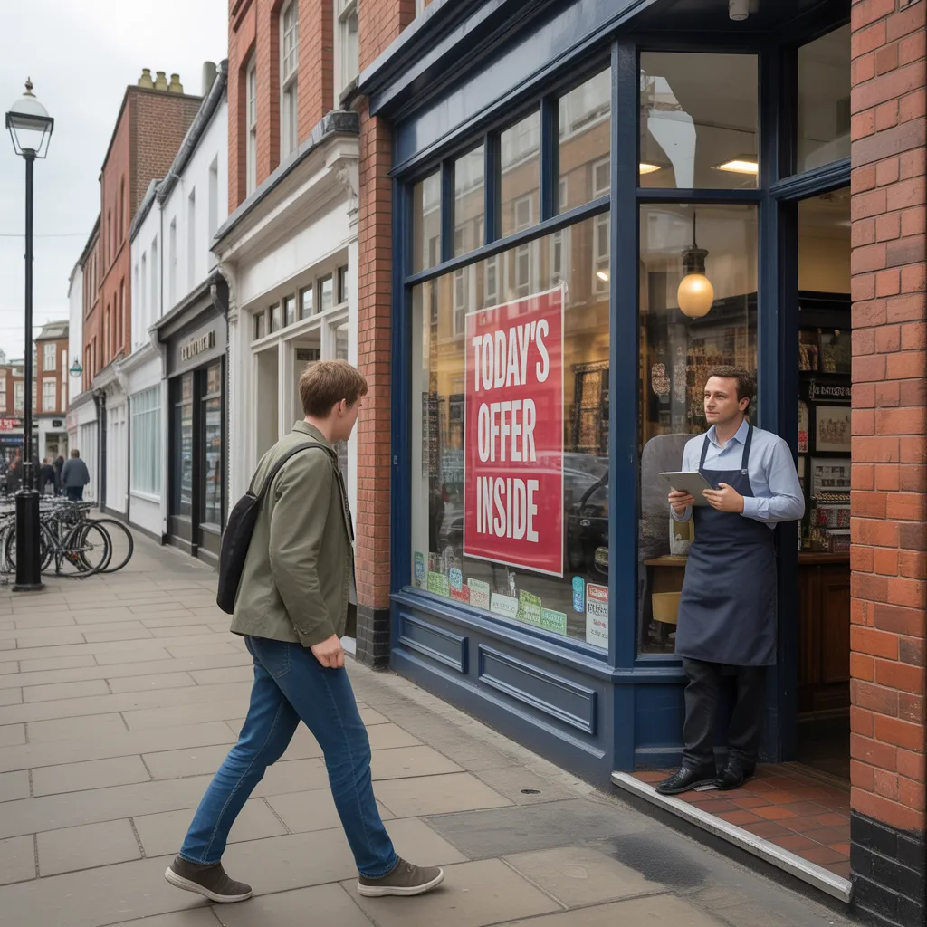 Pedestrian walking towards a UK shop with a Today's Offer Inside window sign as a staff member waits at the entrance
