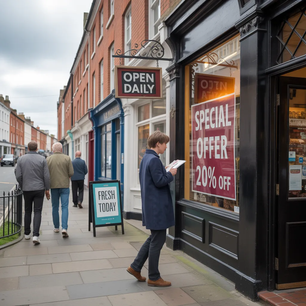 Person reading a leaflet outside a UK shop with a Special Offer 20% Off window sign and Open Daily hanging sign