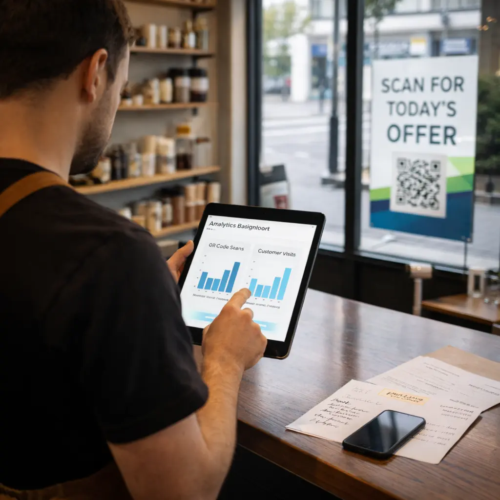 Shop owner reviewing QR code scan and customer visit analytics on a tablet beside a Scan for Today's Offer window sign