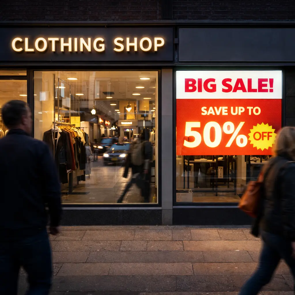 Illuminated Signs vs LED Lightbox Signs: Which Is Right for Your Business? 2 Clothing shop front at night with an illuminated LED lightbox displaying a big sale of up to 50% off