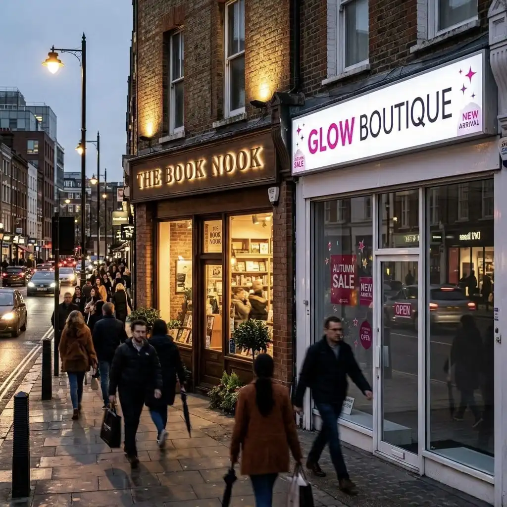 Illuminated Signs vs LED Lightbox Signs: Which Is Right for Your Business? 1 Busy UK high street at dusk with The Book Nook and Glow Boutique displaying a bright LED lightbox sign