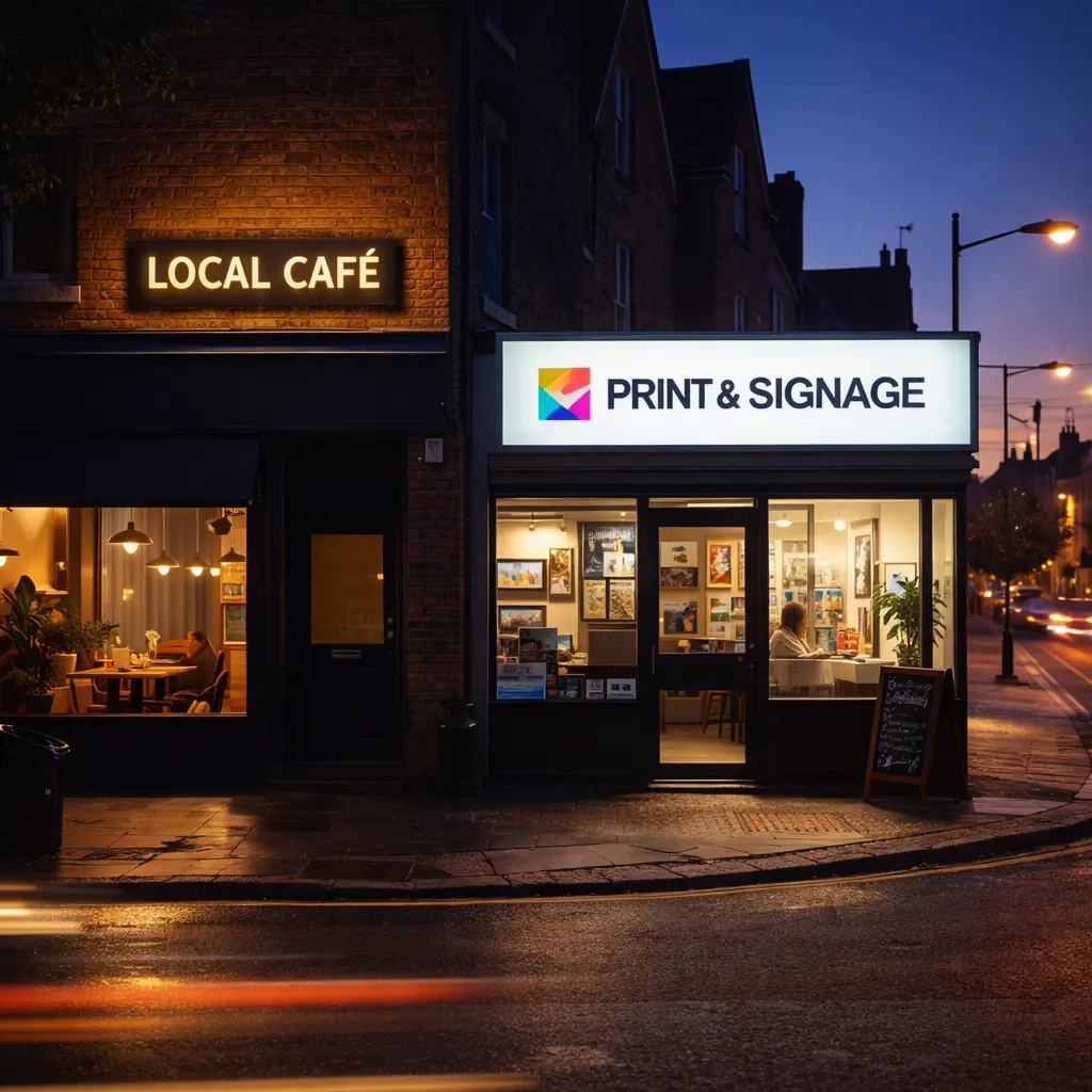Evening street scene showing a glowing LED lightbox sign for a Print & Signage shop next to a Local Café