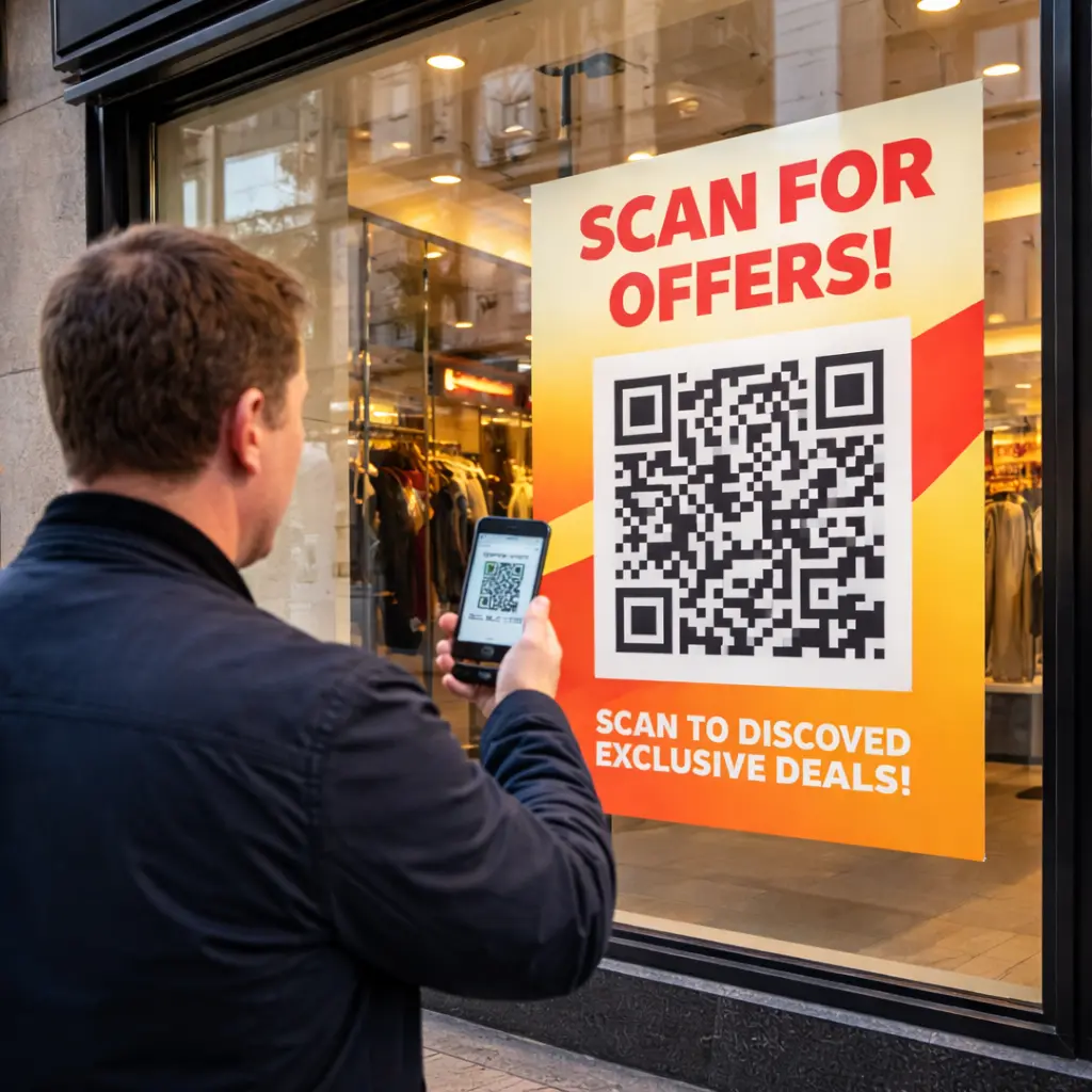 QR Code on Signage: Smart Marketing for UK Businesses 1 Man scanning a QR code on a shop window sign reading Scan for Offers to discover exclusive deals