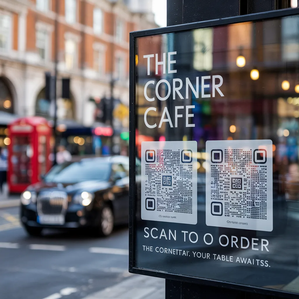 The Corner Cafe window sign with two QR codes and text reading Scan to Order on a busy London street