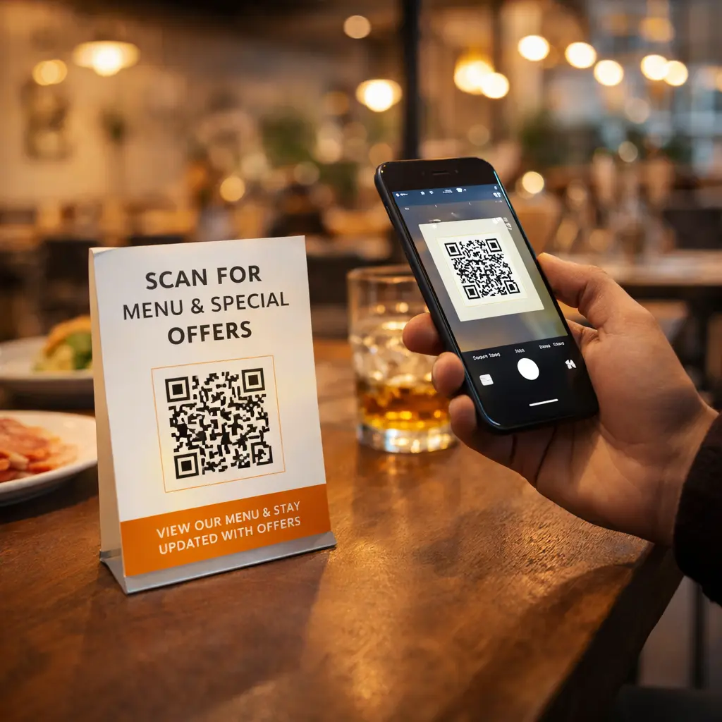 QR Code on Signage: Smart Marketing for UK Businesses 2 Person scanning a restaurant table sign with a QR code using a smartphone to view the menu and special offers