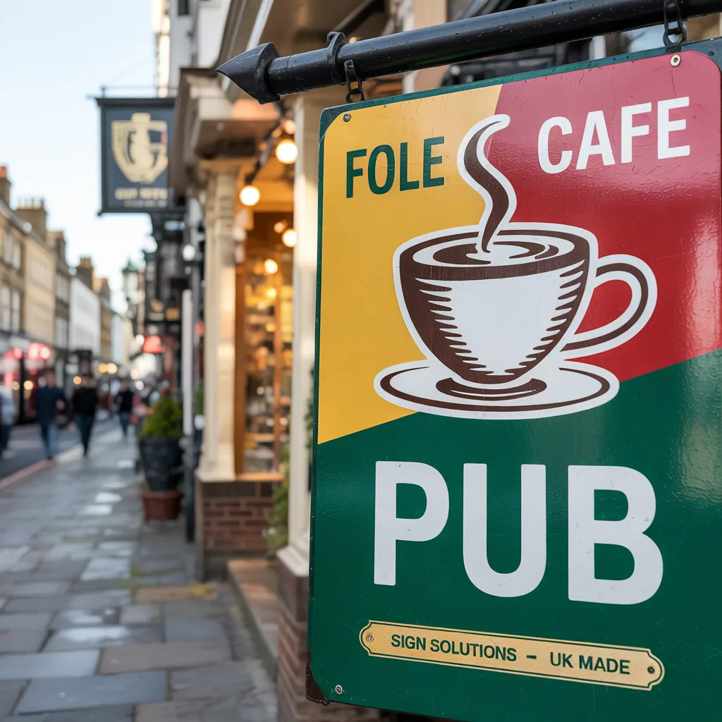 Colourful printed aluminium hanging cafe and pub sign on a UK high street