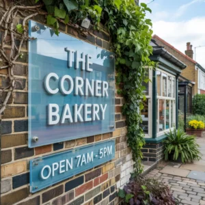 Acrylic panel business sign mounted on a brick wall outside a UK bakery
