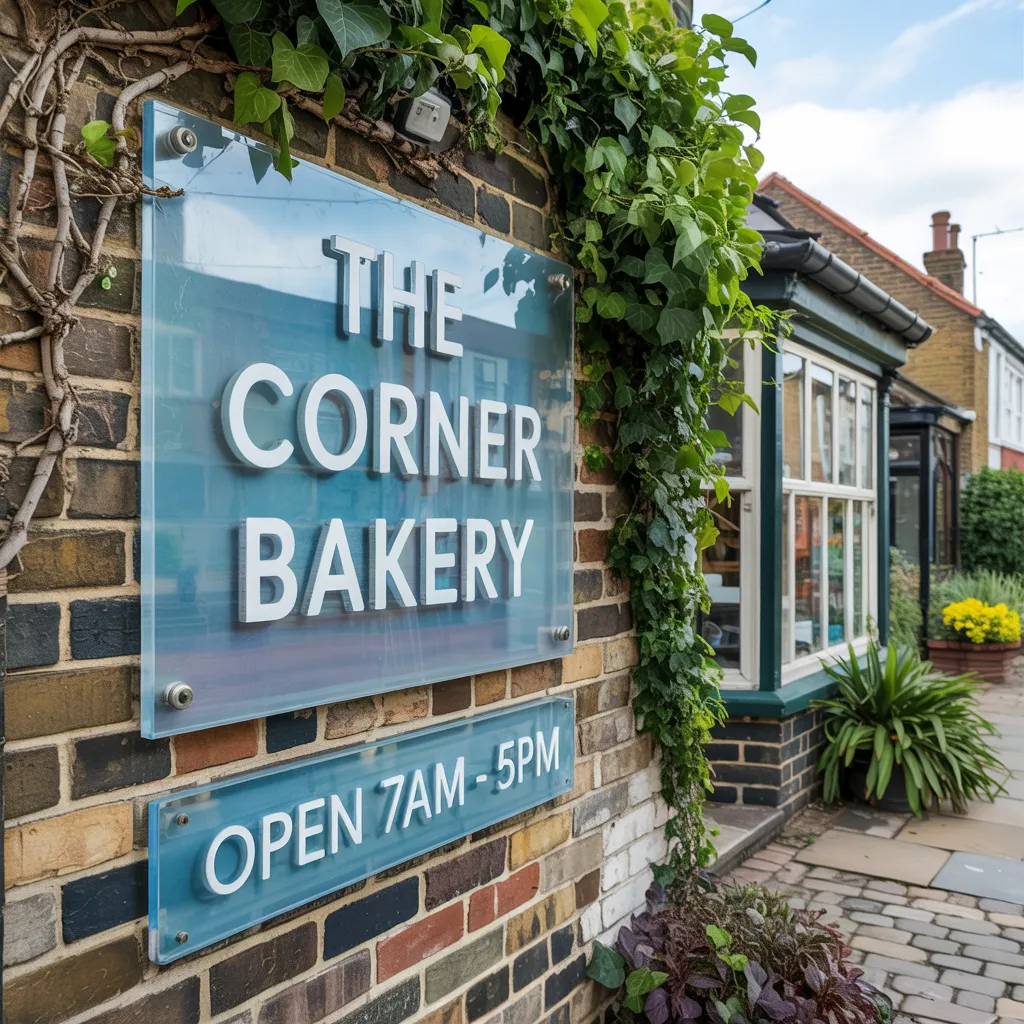 Acrylic panel business sign mounted on a brick wall outside a UK bakery