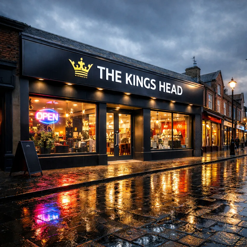 Black aluminium fascia sign on a wet UK high street storefront at night
