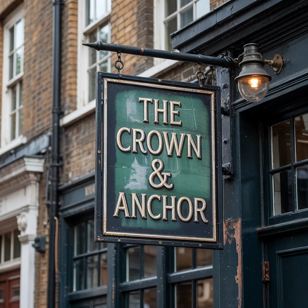 Traditional non-illuminated hanging pub sign on a UK high street facade