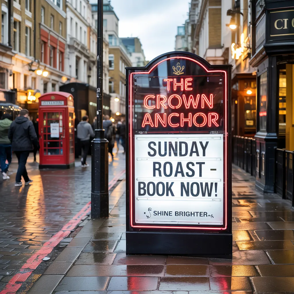 Illuminated neon A-frame pavement sign on a rainy high street