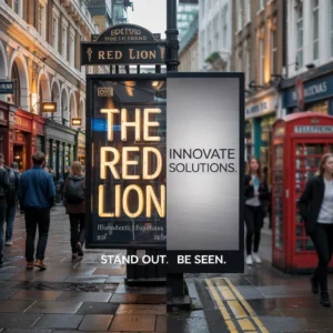 Side by side illuminated and non-illuminated business signs on busy street