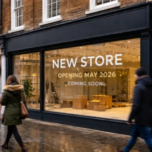 Coming soon window vinyl graphic on a new UK high street shop during fit-out