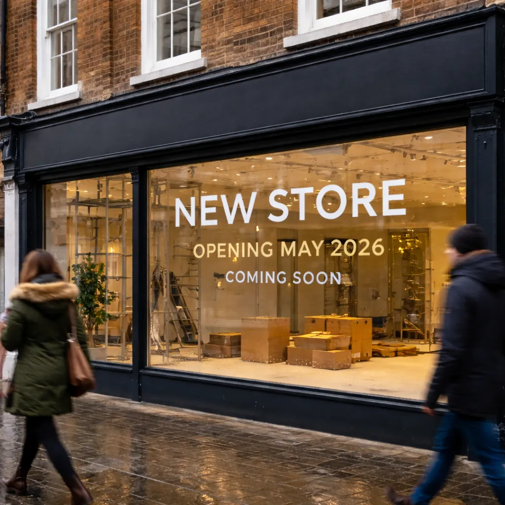 Coming soon window vinyl graphic on a new UK high street shop during fit-out