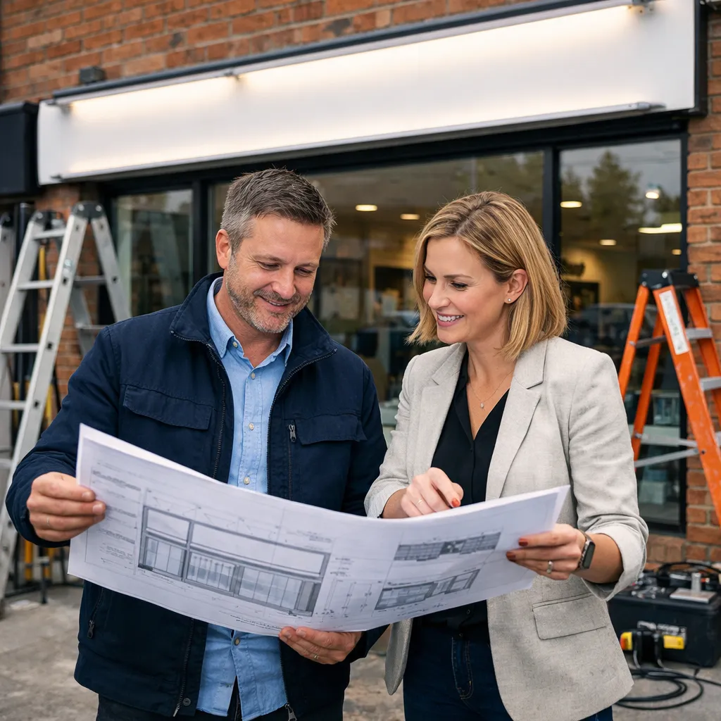 Two professionals reviewing shop front signage plans outside a UK retail unit