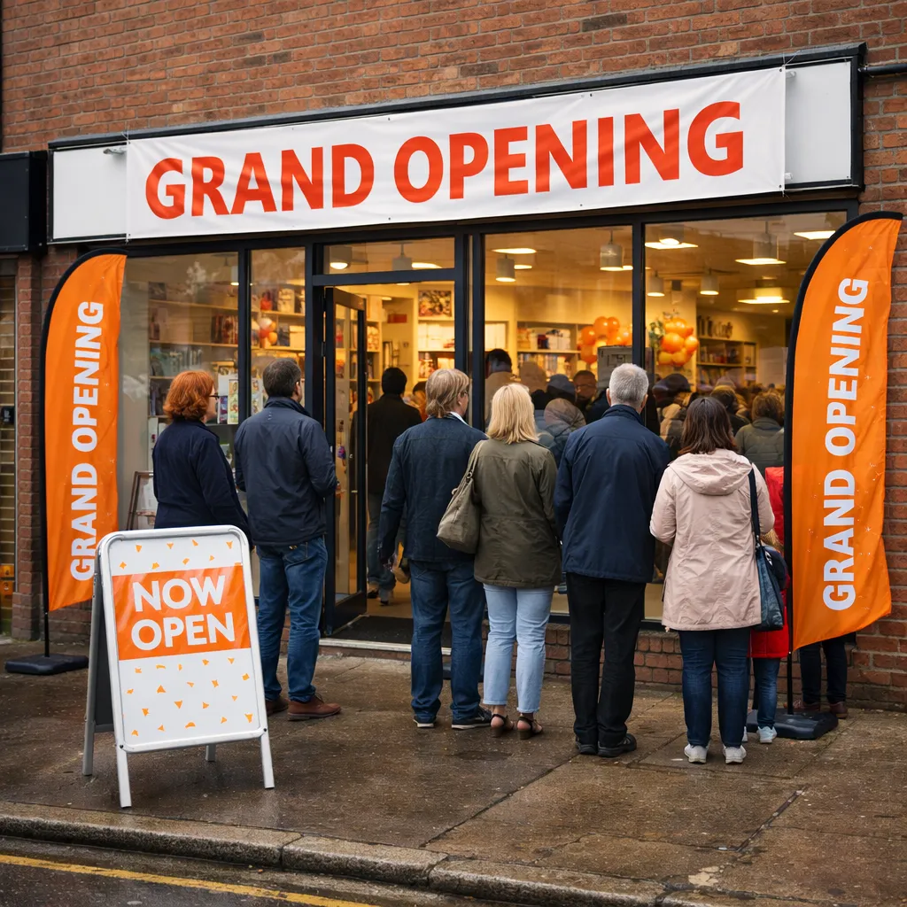 Grand opening banner and feather flags outside a new UK retail shop
