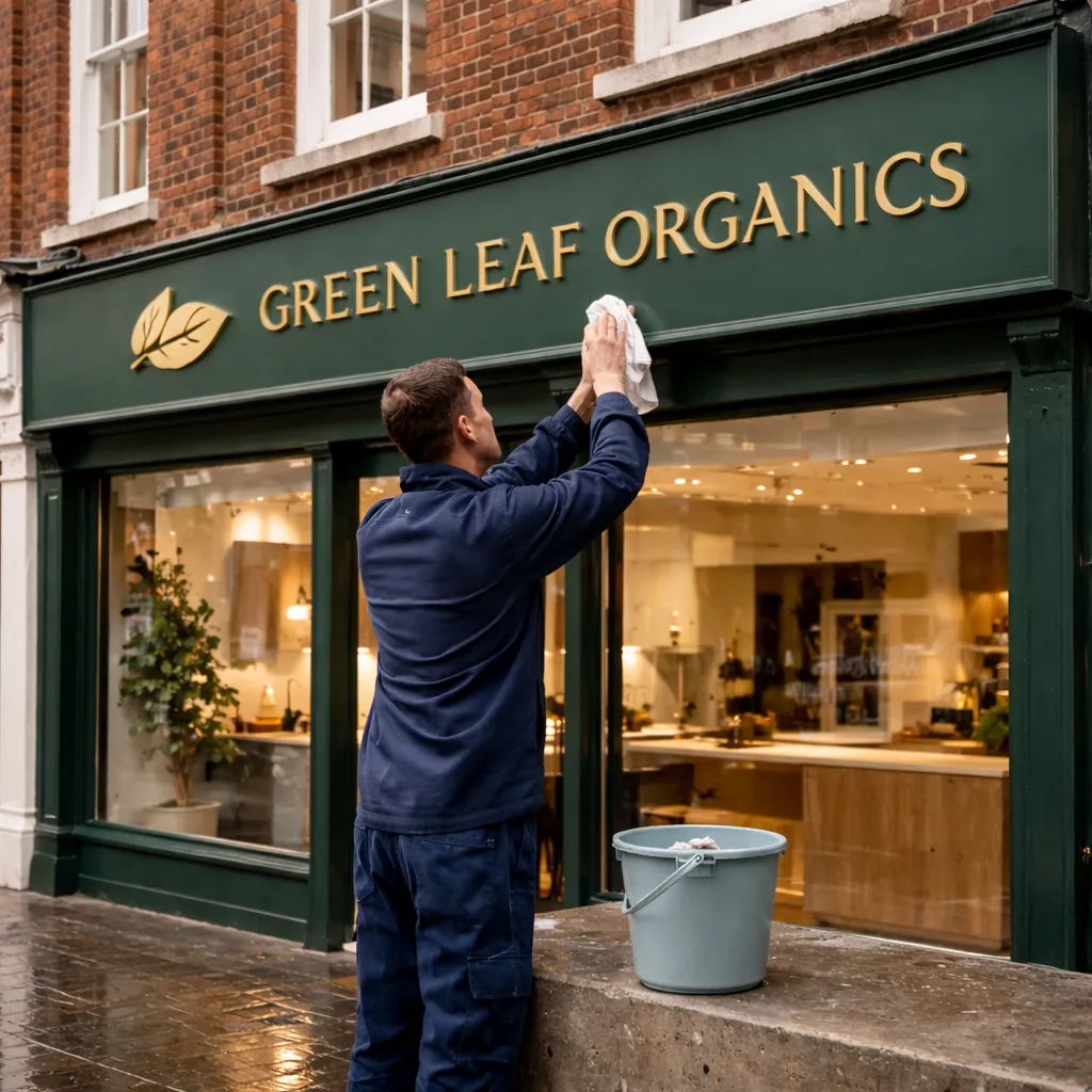 Tradesman hand cleaning a green gold fascia sign on a UK retail shopfront