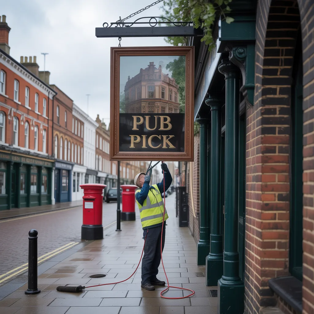 Worker in hi-vis vest maintaining a hanging pub sign on a wet UK high street
