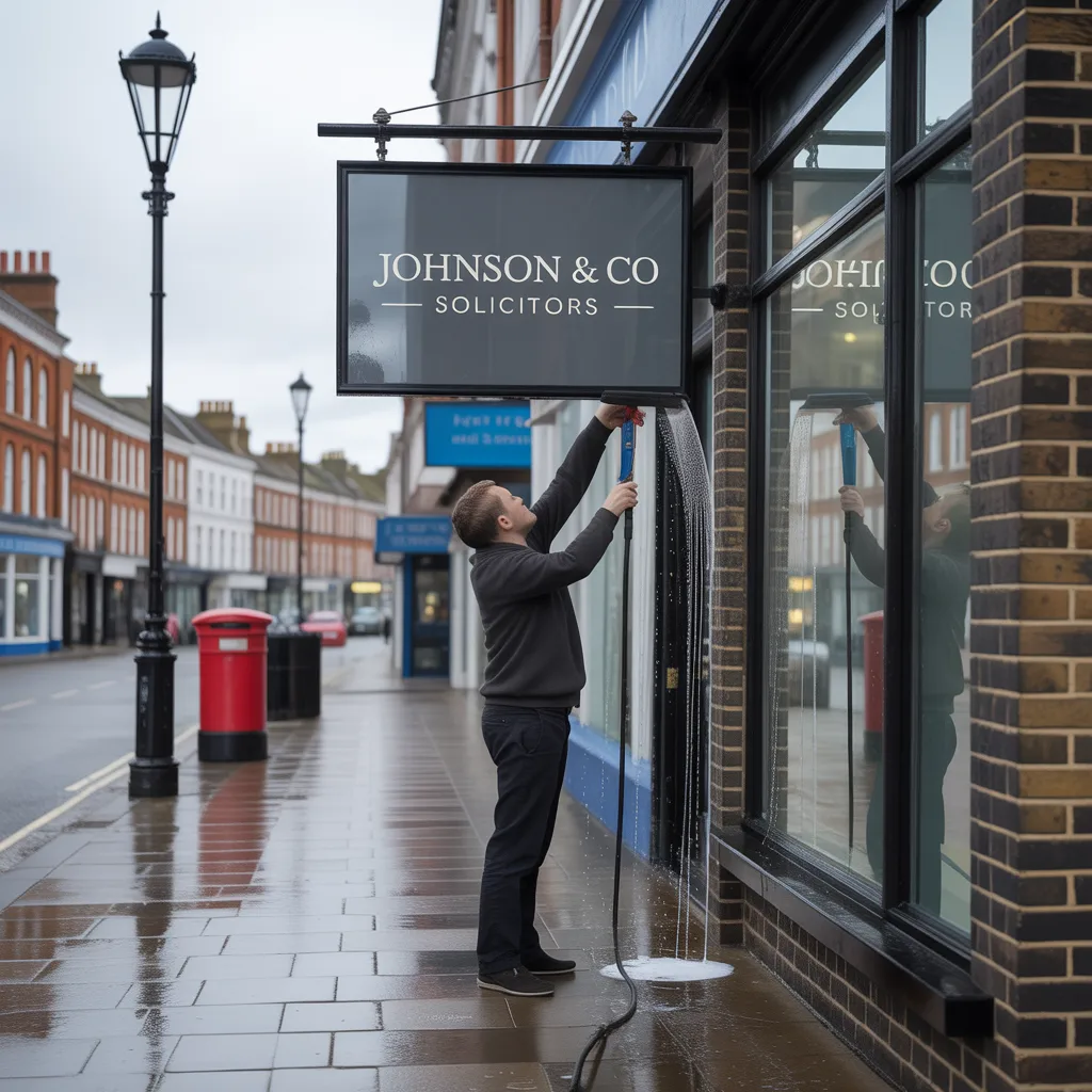 Man pressure washing a solicitors hanging sign on a rainy UK high street
