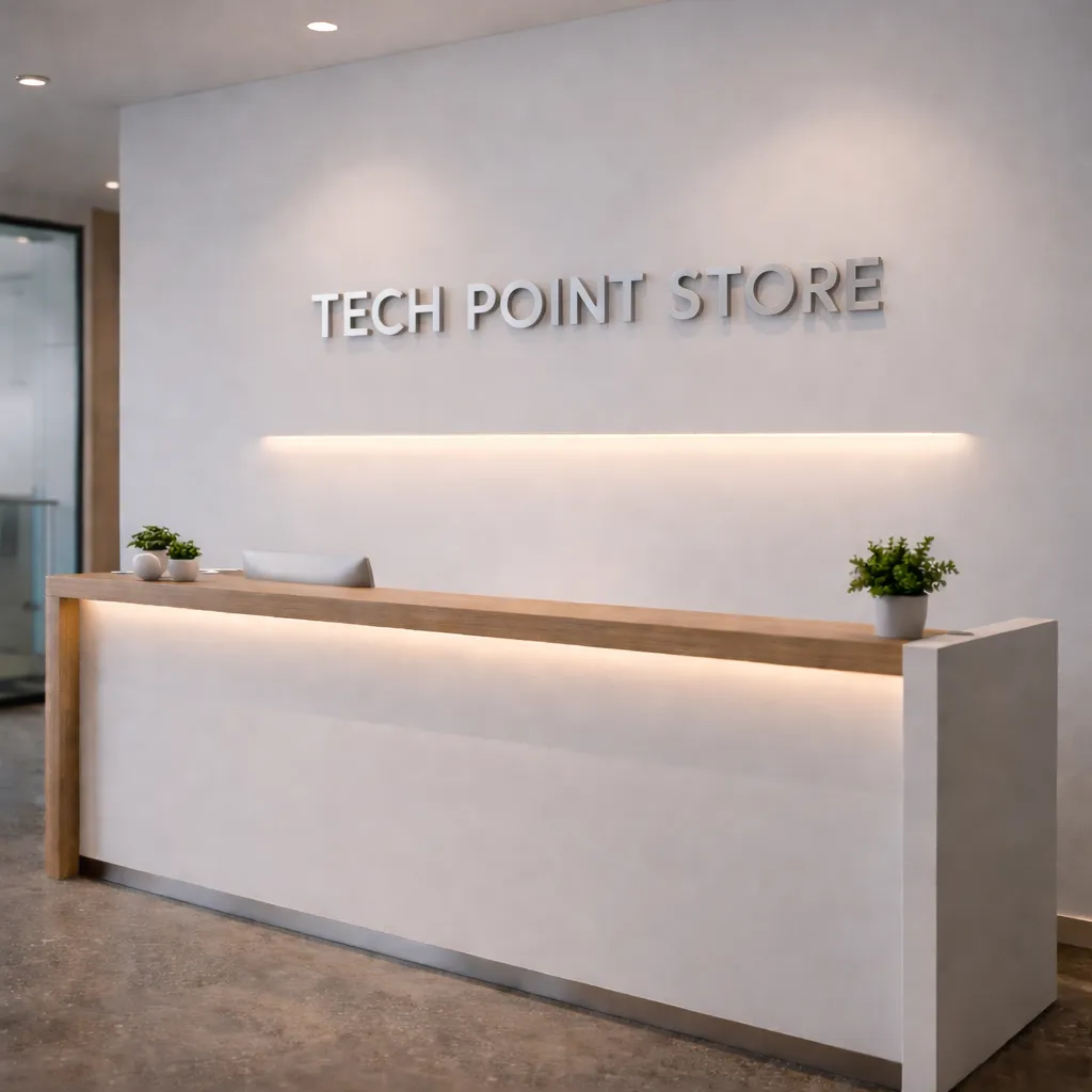 Dimensional silver lettering on a white retail reception desk feature wall