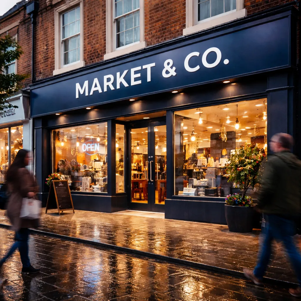 Navy blue retail fascia sign on a busy UK high street shop at dusk