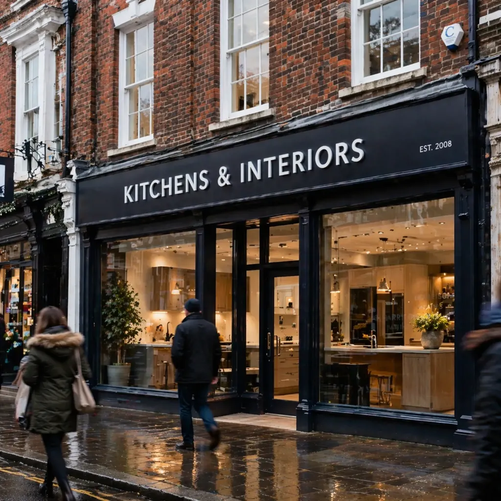 Black fascia shop sign on a UK high street retail storefront in the rain