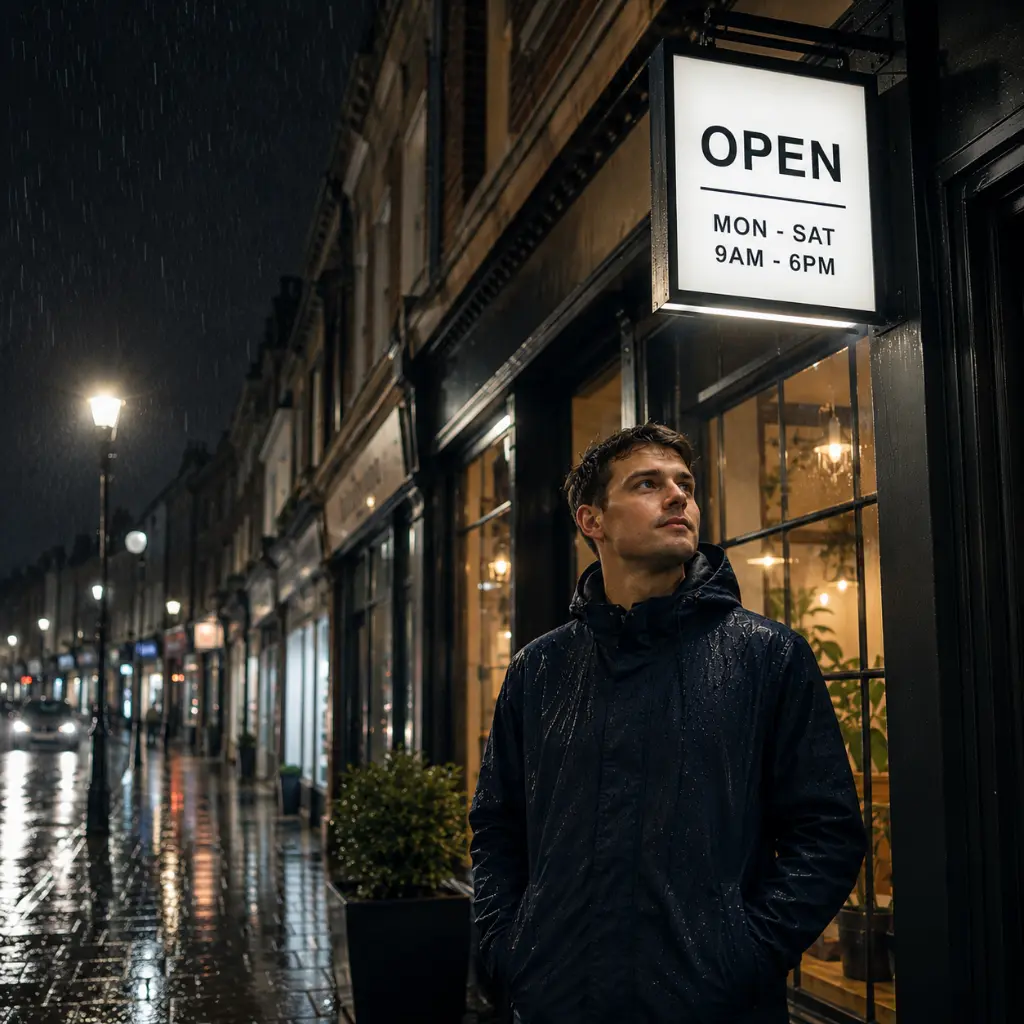 Why Outdoor Signs Need Different Design Rules Than Indoor Signs 2 Illuminated outdoor shop sign displaying opening hours on a rainy UK high street at night.