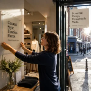 Shop owner arranging elegant window signage inside a modern retail clothing store.