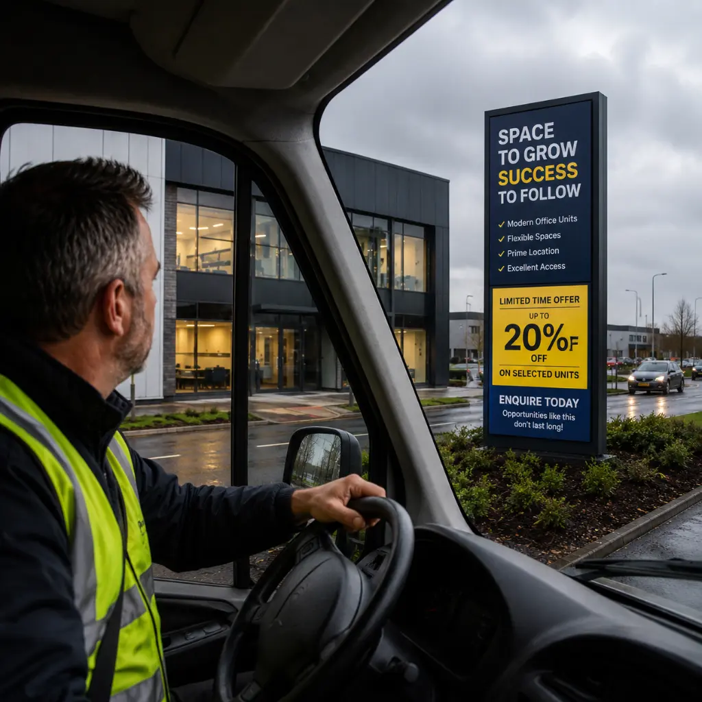 Why Outdoor Signs Need Different Design Rules Than Indoor Signs 1 Driver viewing a large outdoor advertising sign outside a modern commercial business park.