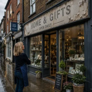 Customer viewing a faded and peeling outdoor shop sign on a UK high street.