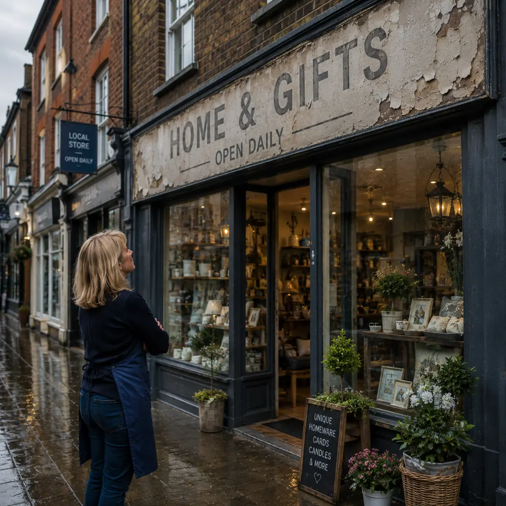How Often Should Outdoor Business Signs Be Replaced? 1 Customer viewing a faded and peeling outdoor shop sign on a UK high street.