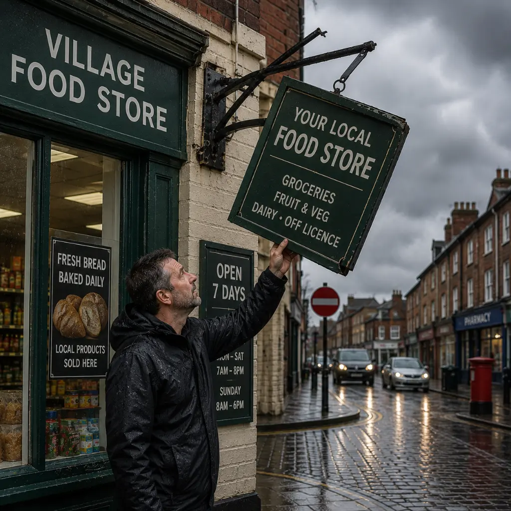 How Often Should Outdoor Business Signs Be Replaced? 2 Shop owner inspecting a damaged hanging sign outside a local UK convenience store.