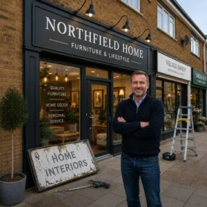 Business owner replacing an old storefront sign with modern illuminated outdoor signage.