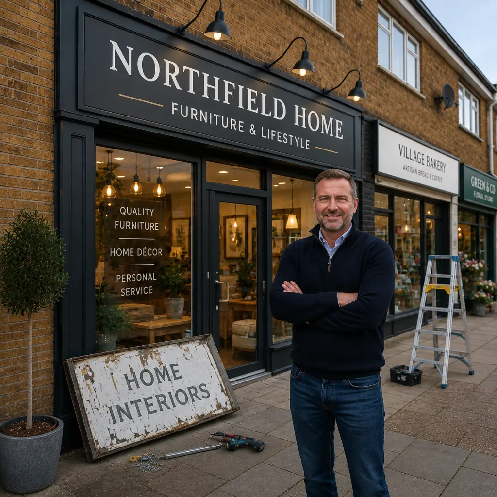 Business owner replacing an old storefront sign with modern illuminated outdoor signage.