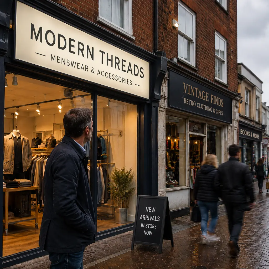 How Large Should Outdoor Signs Be for Maximum Visibility? 2 Illuminated fashion retail storefront signage attracting pedestrians on a busy UK high street.
