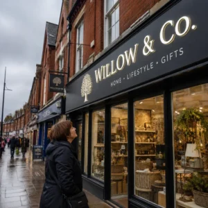 Customer looking at a modern illuminated shop sign on a UK high street during daytime.