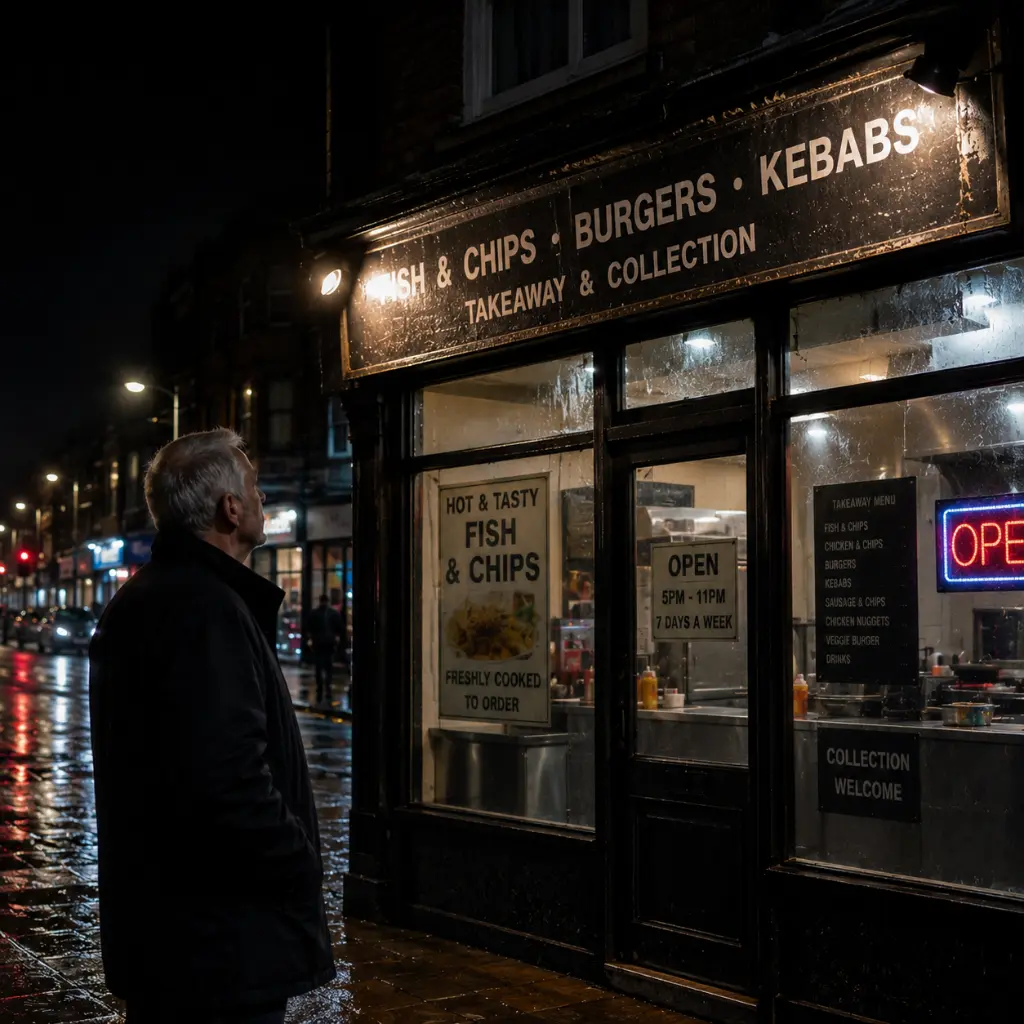 Poorly lit takeaway shop signage on a rainy UK street at night reducing visibility.