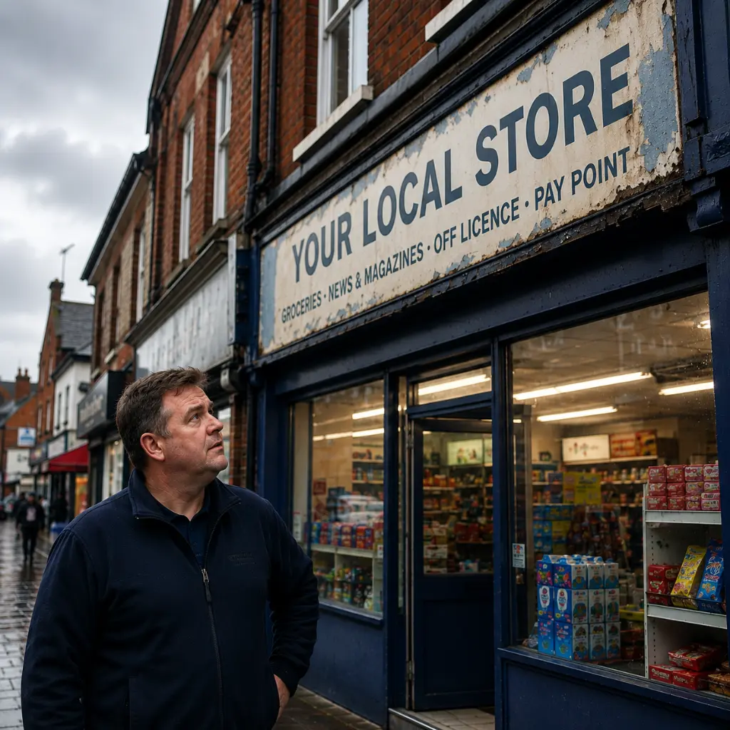 Faded and damaged outdoor shop sign on a UK convenience store affecting business appearance.