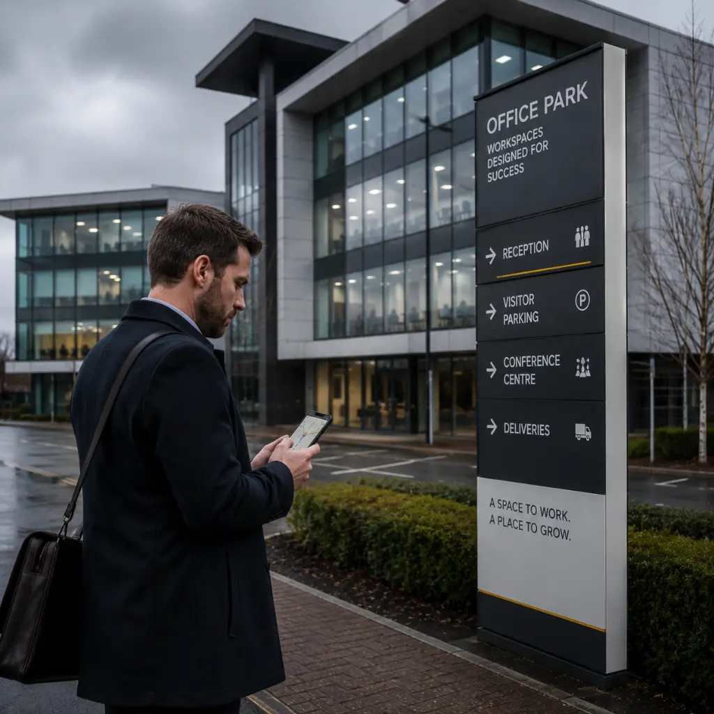 Business professional using office park wayfinding signage outside a modern commercial building.