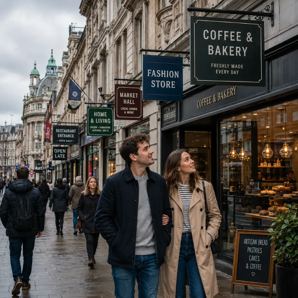 Pedestrians walking past multiple outdoor retail and café signs on a busy London street.