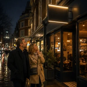Couple viewing illuminated outdoor restaurant signage on a rainy London high street at night.
