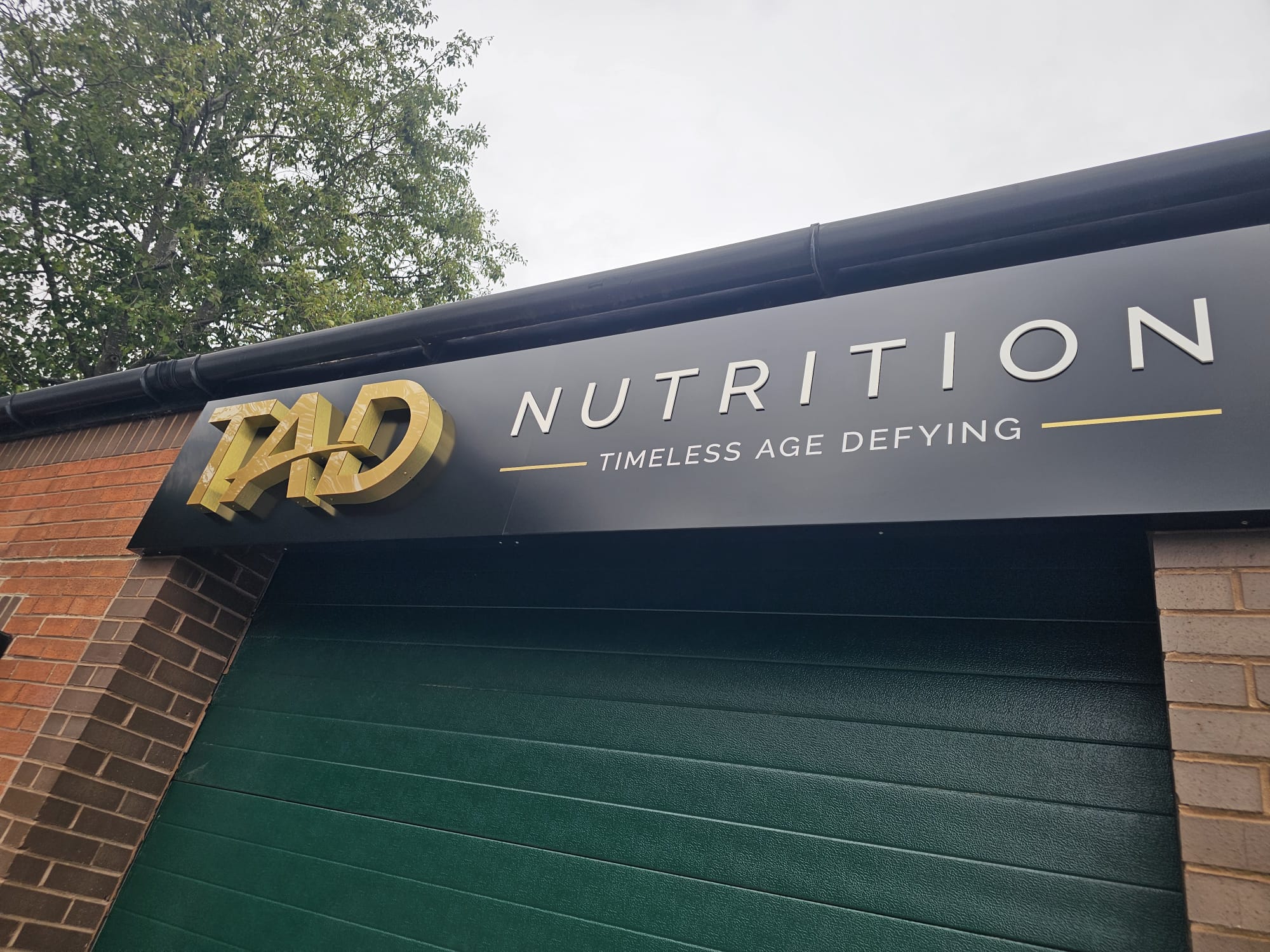 Gold built-up letters on the TAD Nutrition fascia, made and fitted by Magenta Signs